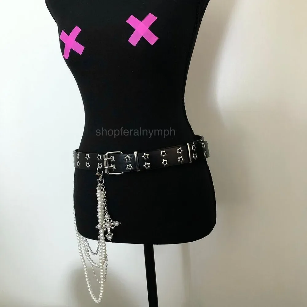 Y2K Goth Black Star Eyelet Faux Pearl Cross Belt, Fits 32–41 Inches, X7GA1227